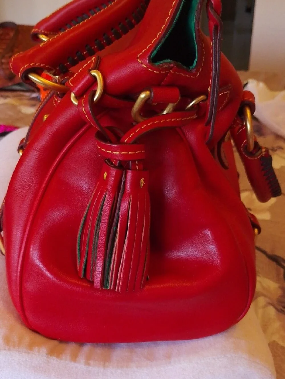 Dooney And Burke Red Leather Satchel Bag with Gold Hardware